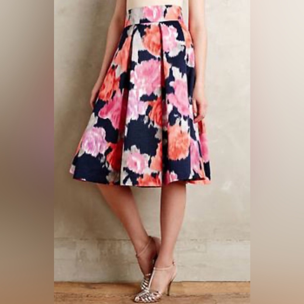 Eliza J Navy Midi Skirt with Pink and Coral Floral Print